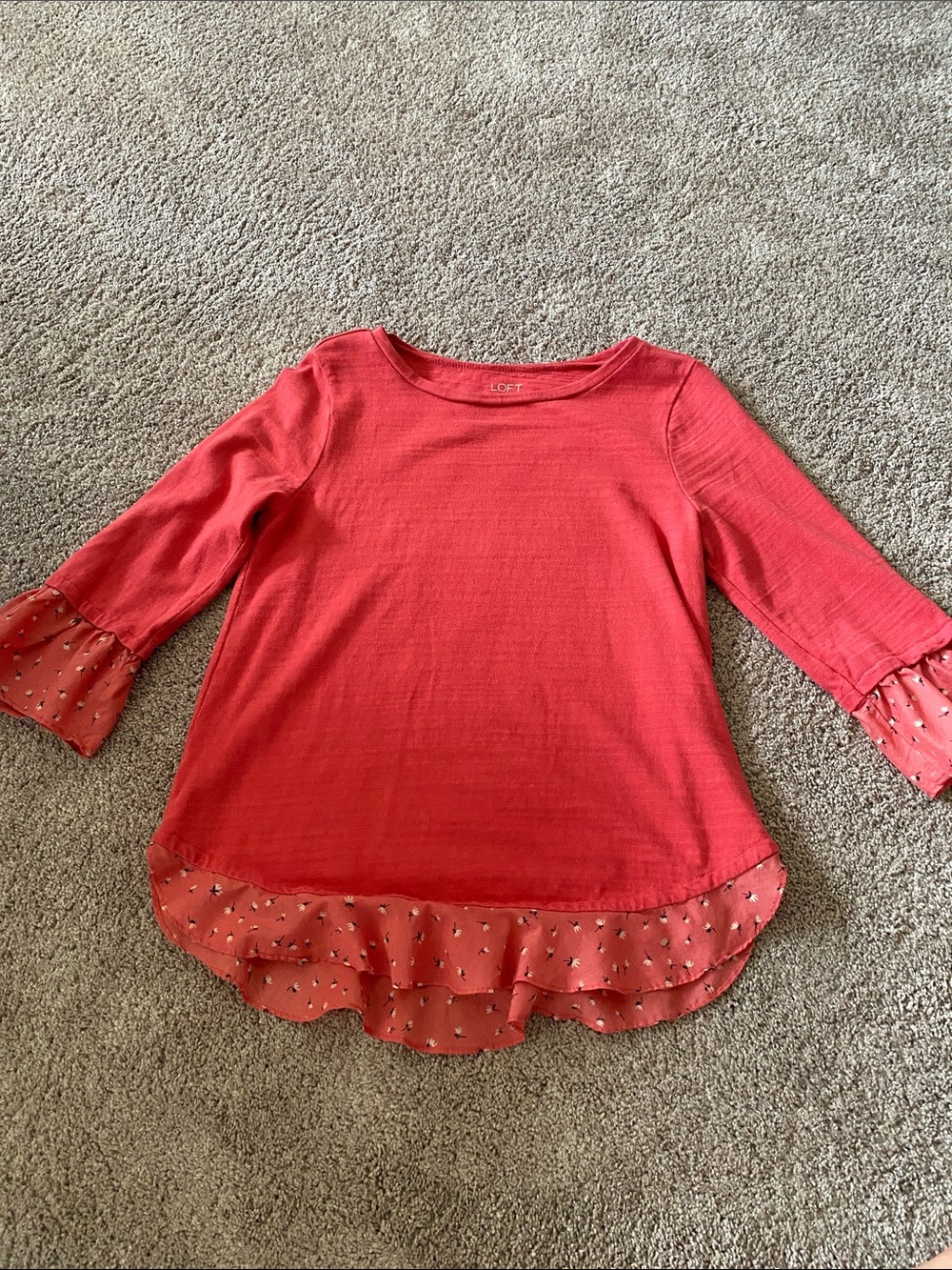 LOFT Coral Ruffle-Hem Long Sleeve Top with Printed Ruffles